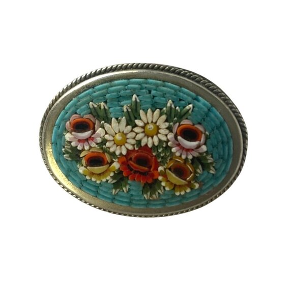 Vintage Micro Mosaic Floral Oval Brooch Pin Blue Silver Tone Setting Feminine - Picture 1 of 7